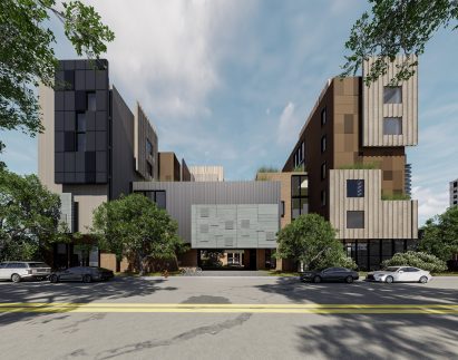 a visualisation of buildings in tones of brown and grey