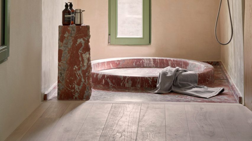 Red marble shower in Vipp Townhouse