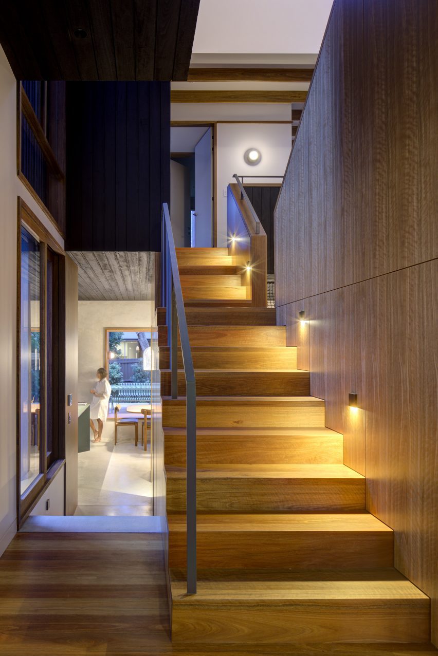 Spotted gum timber staircase lit up