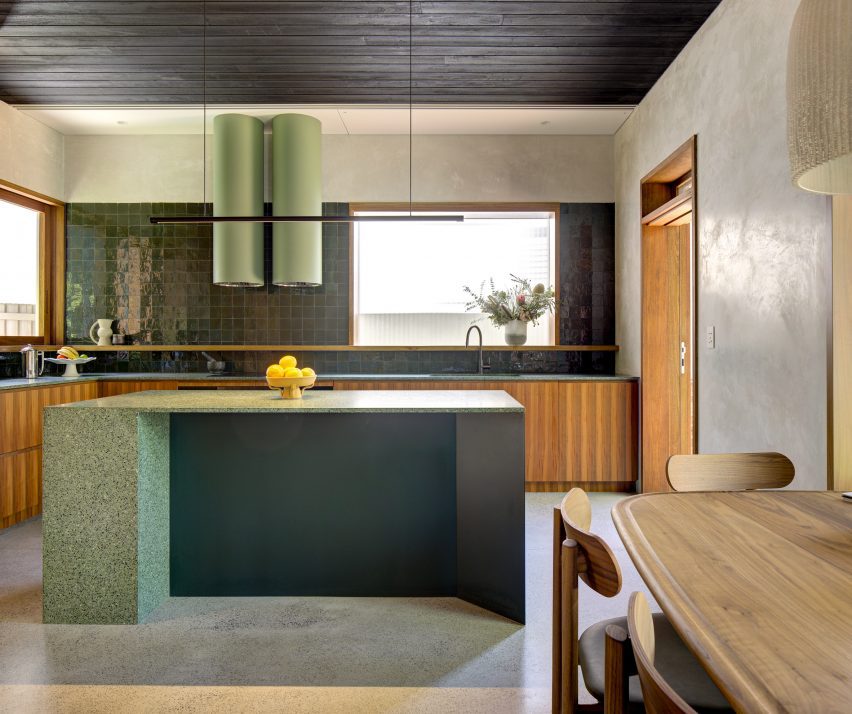 Kitchen with charred timber ceiling