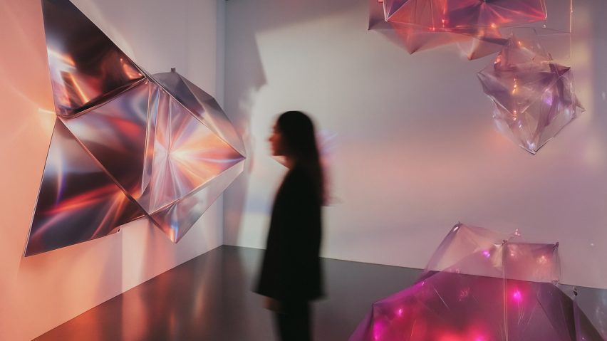 Graphic image of a student looking at artwork