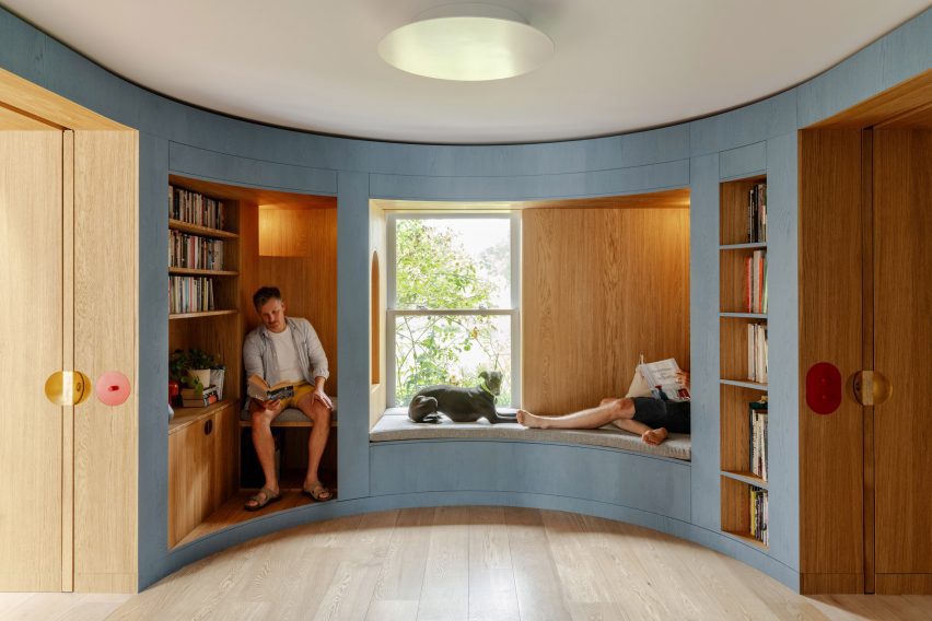 Library with curved blue timber walls