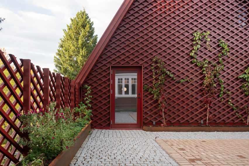 Red latticework facade
