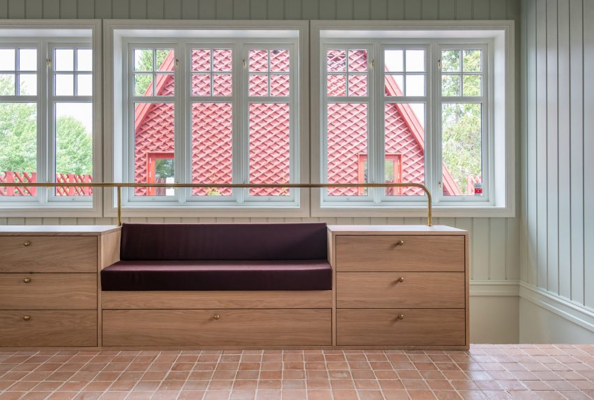 Timber bench inside house