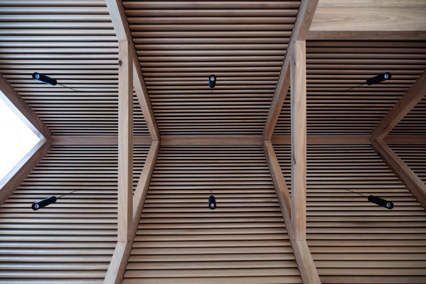 Pitched timber-lined roof
