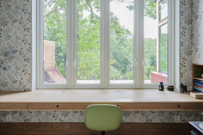 Study space with patterned wallpaper