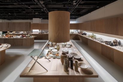 Steel chair and ceramics on wooden table
