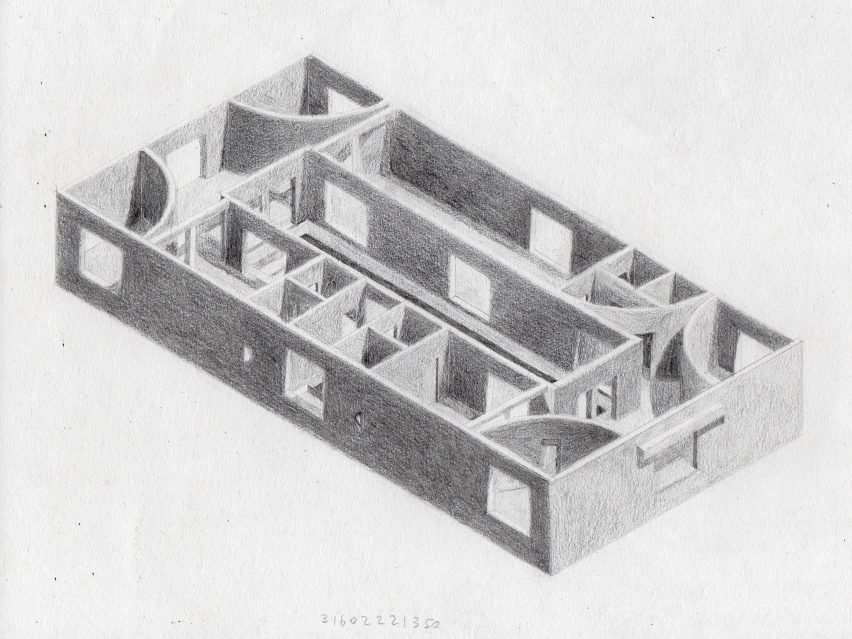 Isometric drawing of Lima House by Pezo von Ellrichshausen