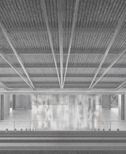 a black and white image of a building interior