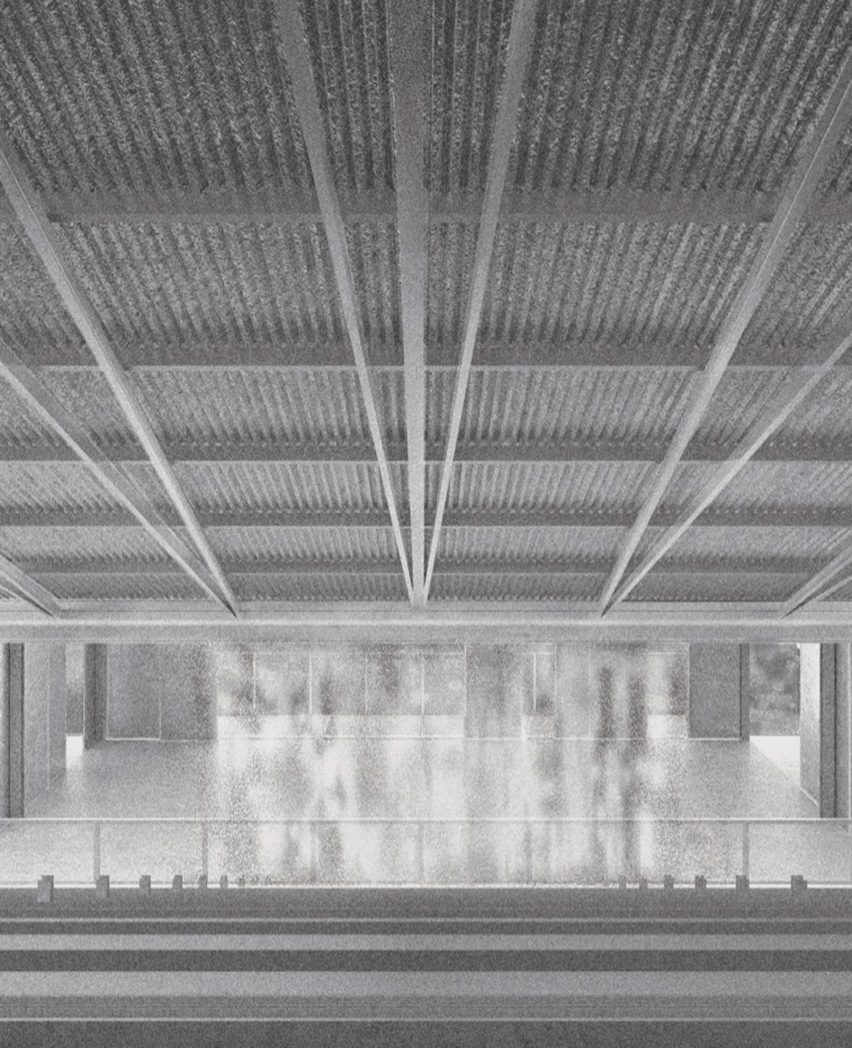 a black and white image of a building interior