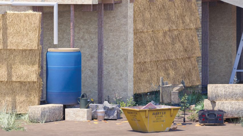 a visualisation of a building with straw walls