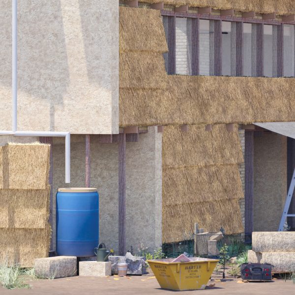 a visualisation of a building with straw walls