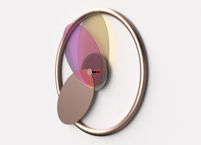 a clock with handles in tones of silver, purple and yellow