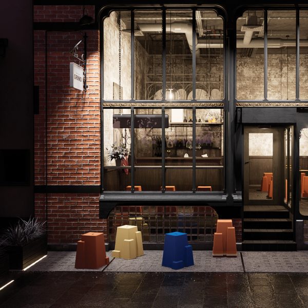 an image of stools placed outside a building