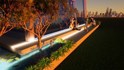 a visualisation of a rooftop in tones of beige and orange