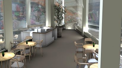 a restaurant design in tones of beige and white