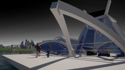 a visualisation of a building in tones of white and blue