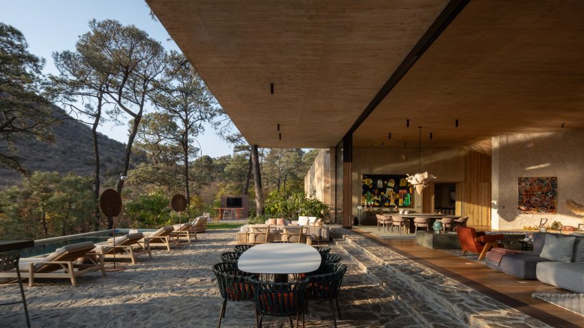 Pool terrace at Rancho del Bosque house in Valle de Bravo by Sordo Madaleno