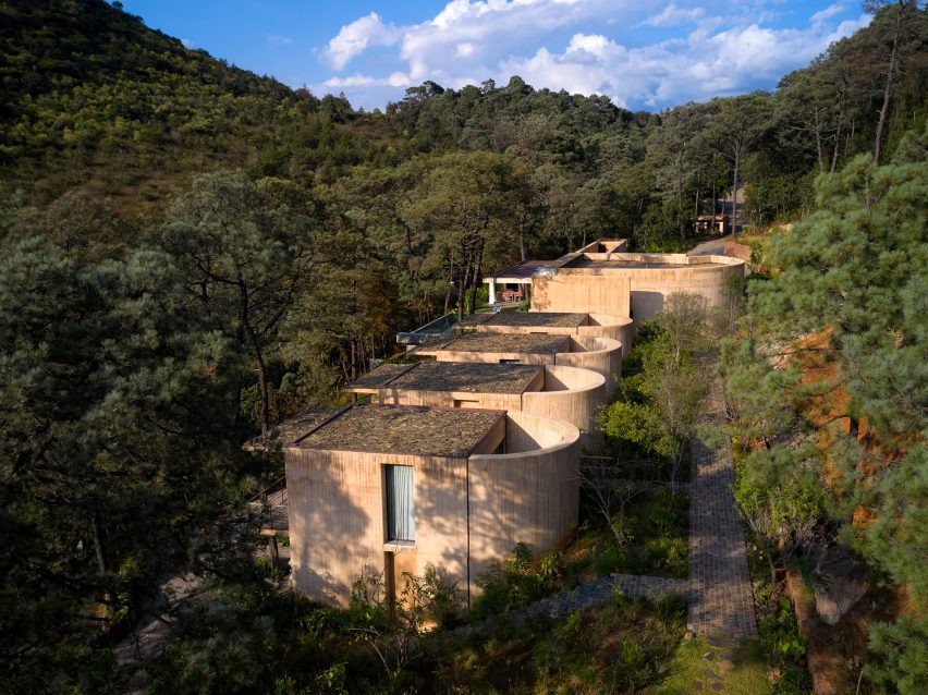Aerial view of Rancho del Bosque house in Valle de Bravo by Sordo Madaleno