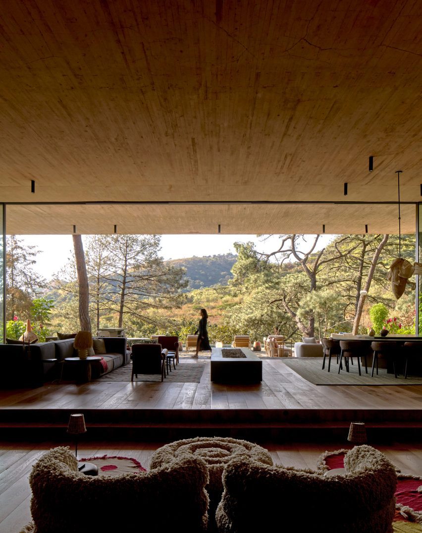 Living room at Birds-eye view of Rancho del Bosque house in Valle de Bravo by Sordo Madaleno