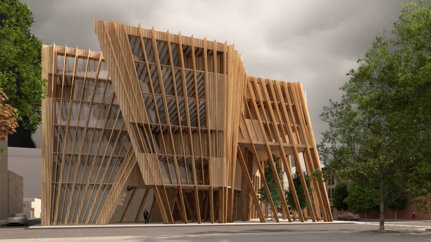 a visualisation of an angular building in tones of brown