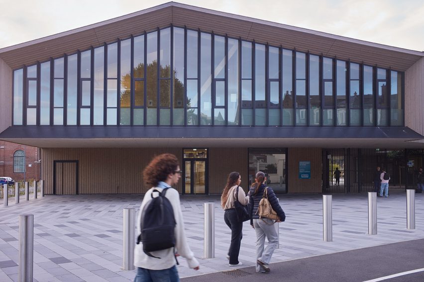 Entrance to timber framed school Cambrai
