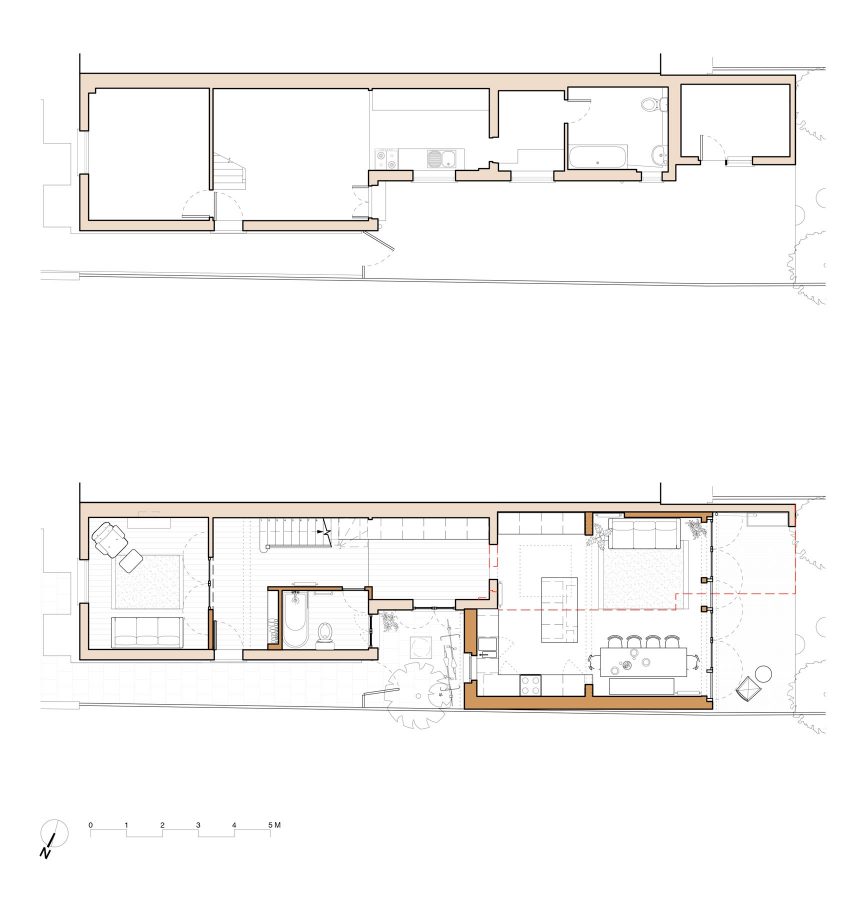 Ground floor plans, before and after, for A Simple Addition by OEB Architects