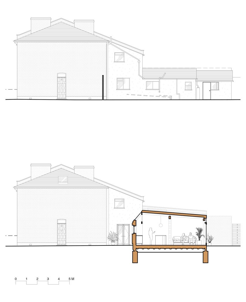 Long section, before and after, for A Simple Addition by OEB Architects