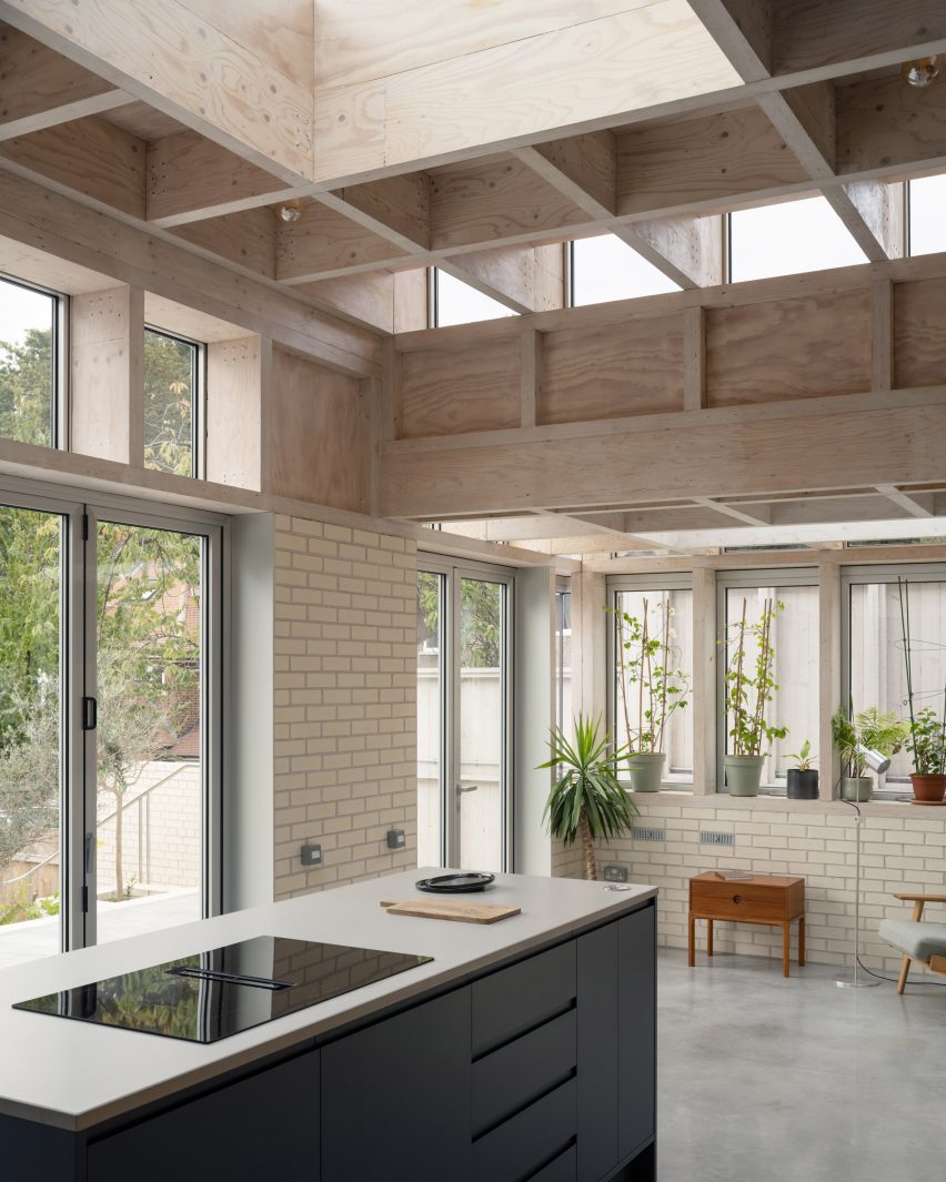 Kitchen island and glazing in Tabberner Cook House by James Alder Architects