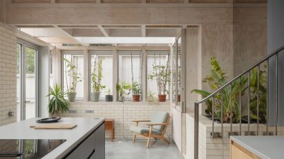 Timber waffle slab in kitchen of Tabberner Cook House by James Alder Architects