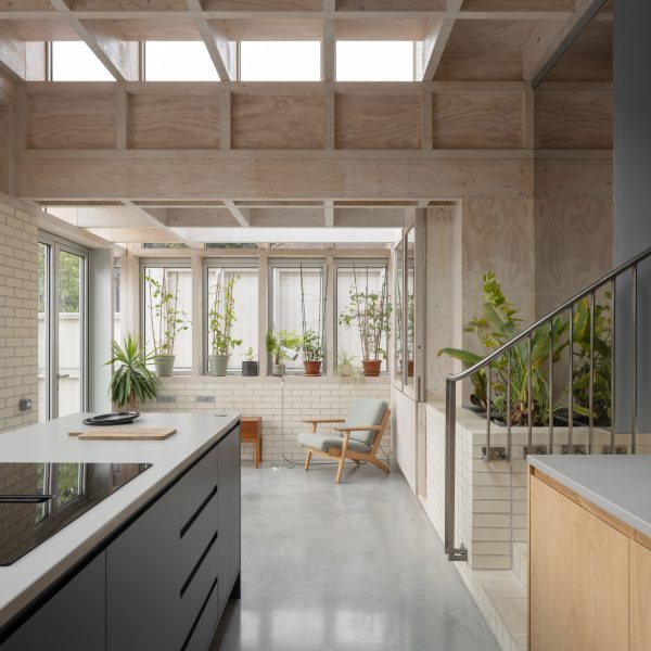 Timber waffle slab in kitchen of Tabberner Cook House by James Alder Architects