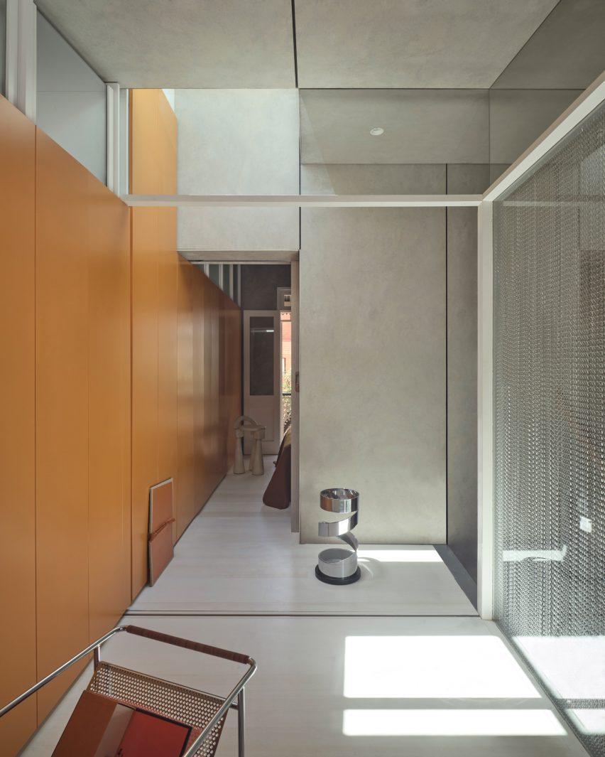 Grey walls and tan cupboards