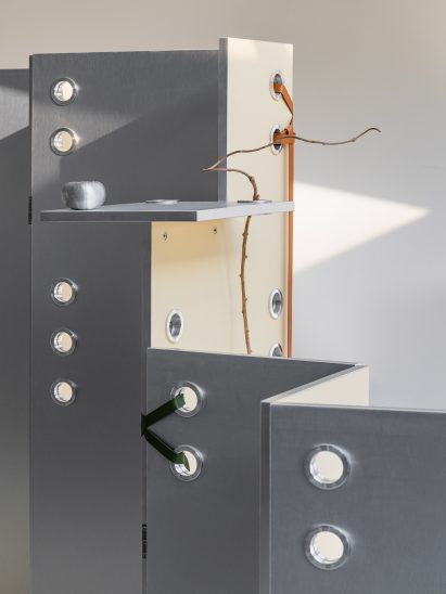 Close-up of metal shelves