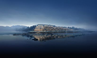 Exterior render of the Vertex Hotel by Zaha Hadid Architects