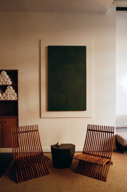 A tabletop laminated in washi paper by Hanato Wataru repurposed as wall art