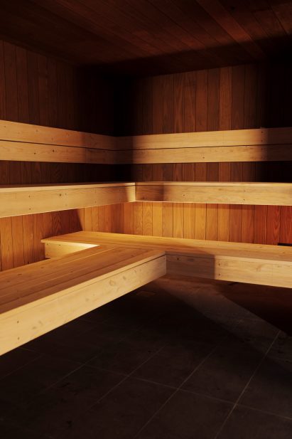 Ash wood forms benches in a sauna