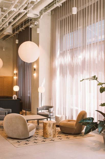 Floor-to-ceiling gauzy curtains