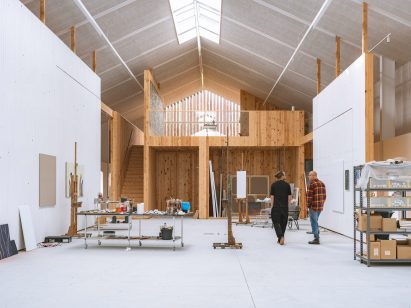 Wooden structure in Michael Kvium's studio, a historic barn restored by architect Martin Schack