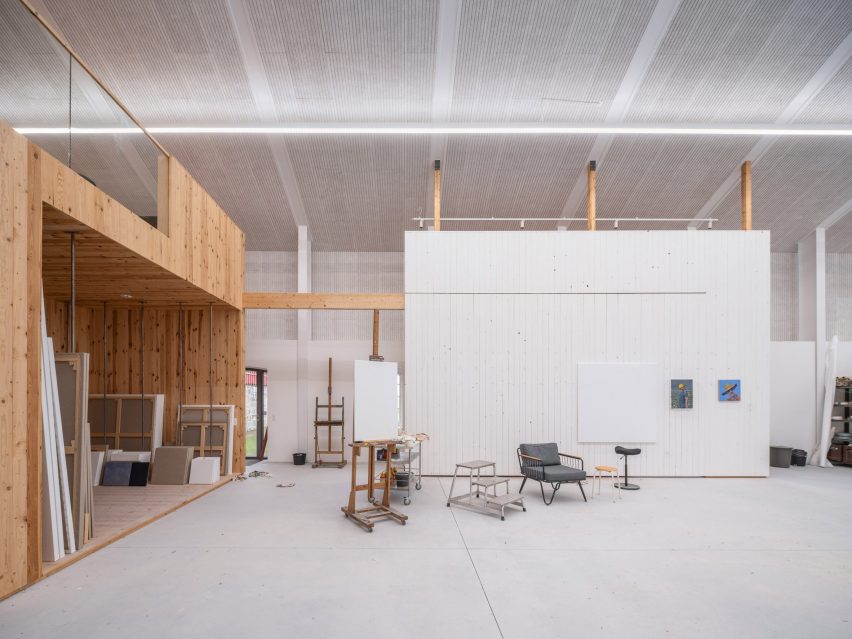 Canvas wall in Michael Kvium's studio, a historic barn restored by architect Martin Schack