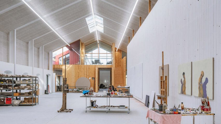 Interior of Michael Kvium's studio, a historic barn restored by architect Martin Schack