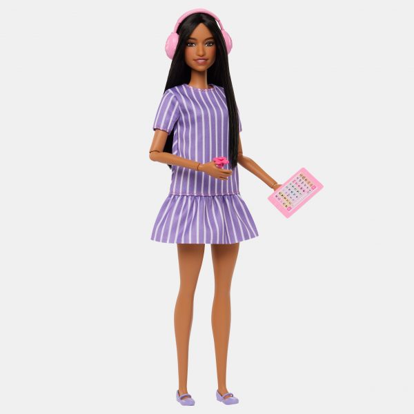 Autistic Barbie wearing a loose-fitting purple dress