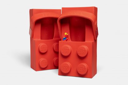 Red shoes shaped like Lego bricks