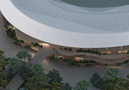 Aerial visual of Brisbane Olympic Stadium by Cox Architecture and Hassell