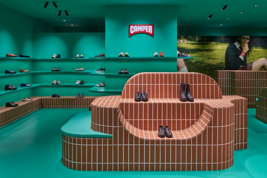 Tiled display stand in Camper Shin Maru interior by Jorge Penadés