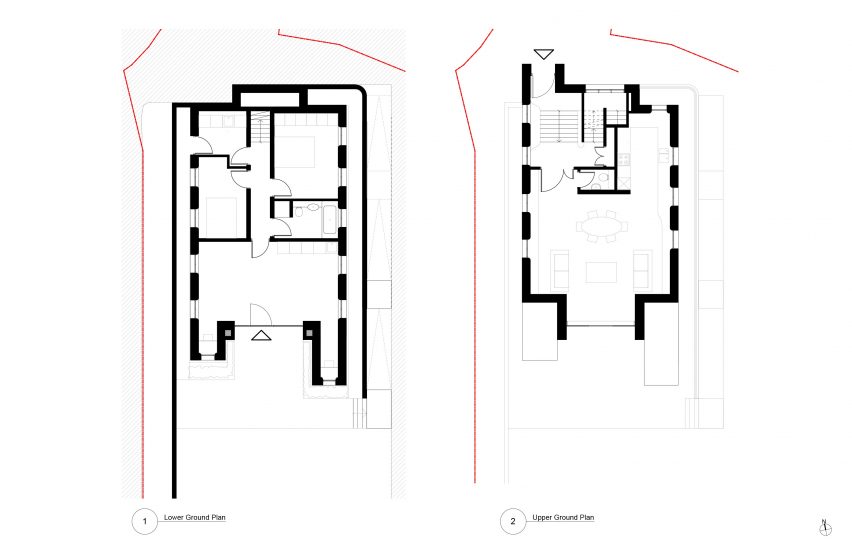 Upper and lower ground floor plans of Clay Rise by Templeton Ford