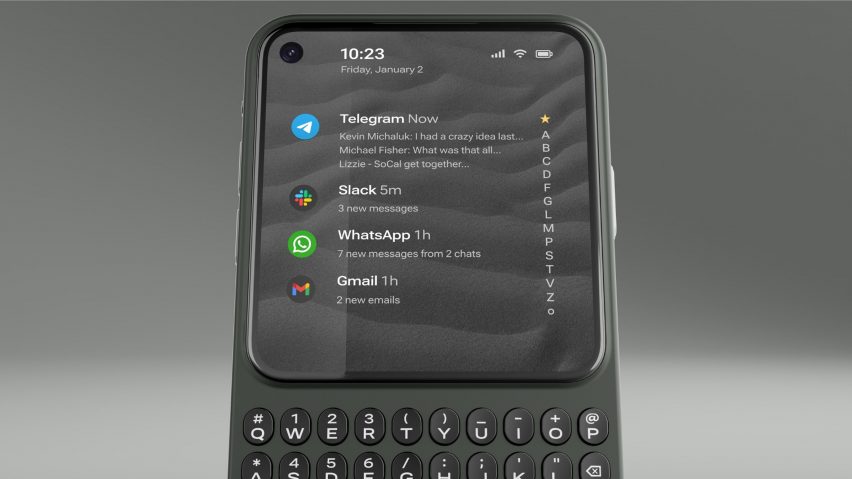 Close-up image of the Clicks Communicator home screen showing notifications from Telegram, Slack, Whatsapp and Gmail