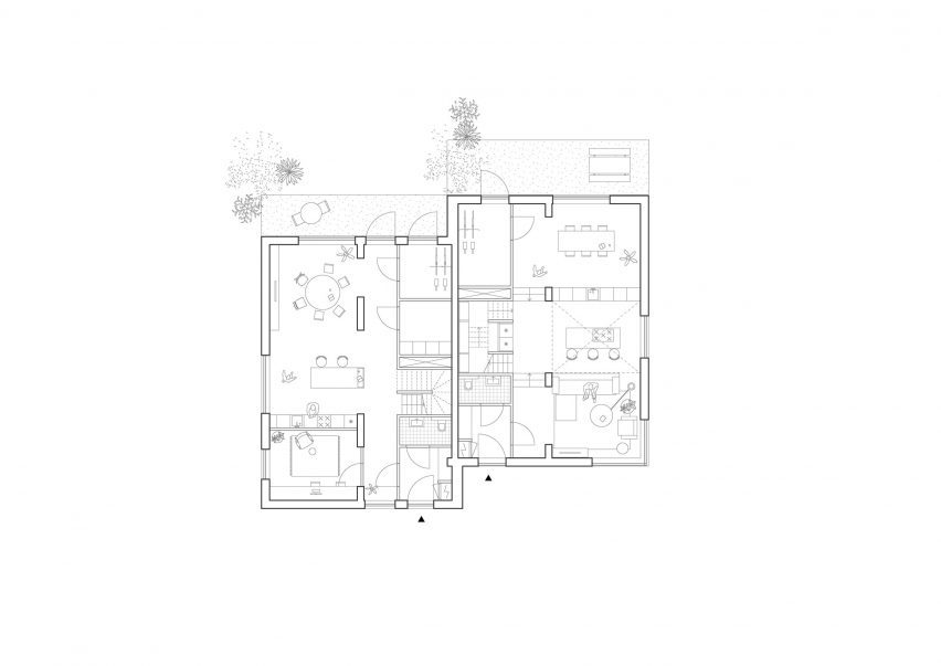 Semi-detached house plan from Common Woods by Space&Matter