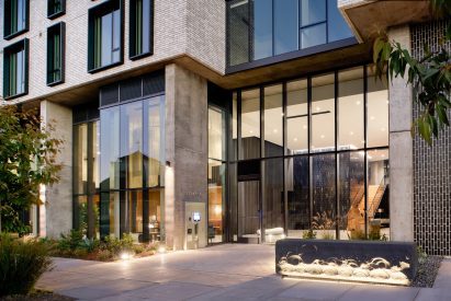 Glass entry way to tower