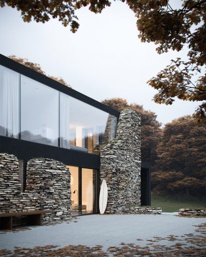 House comprised of ruins and glass