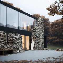 House comprised of ruins and glass